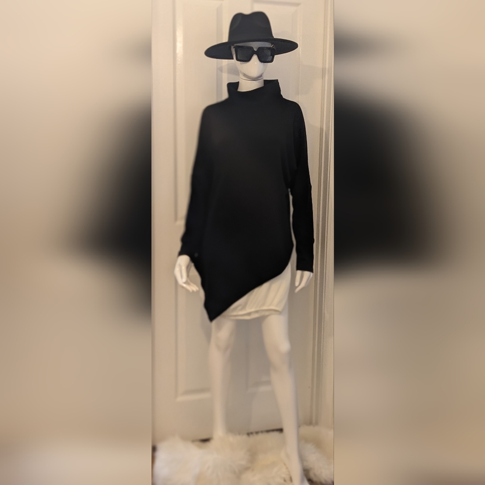 Black High Neck Asymmetrical Tunic Top  Medium